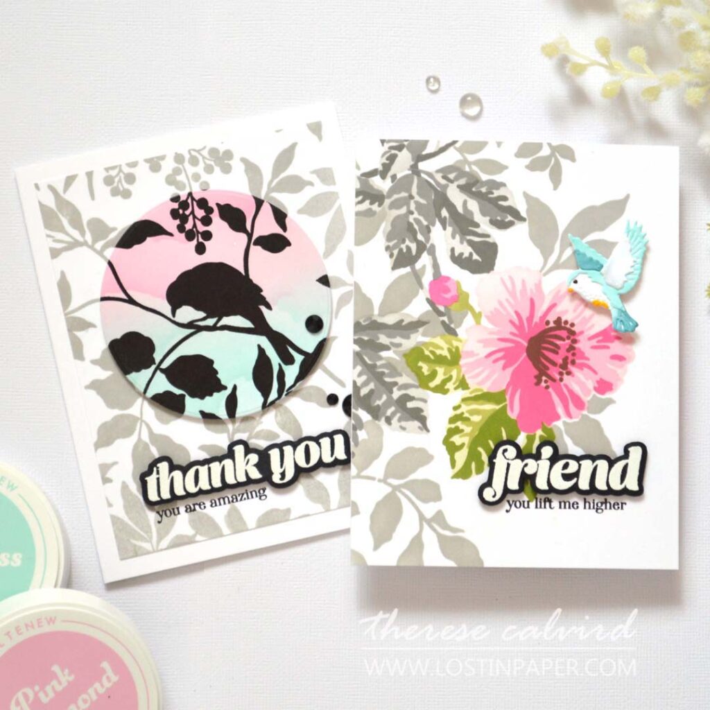 Floral card with a blue bird focal point and Silhouette bird card with sunset clouds, Therese Calvird.