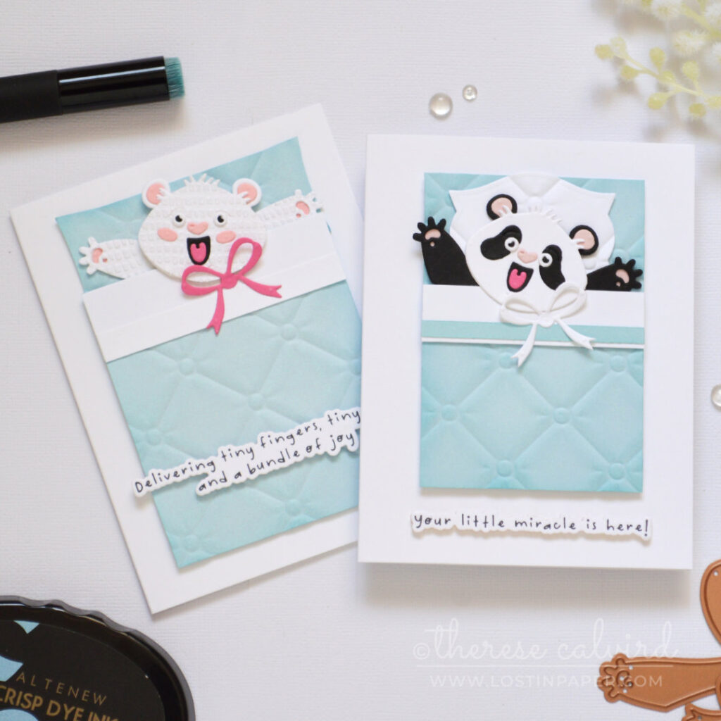 Cozy critter card with textured bear and quilted bedding using embossing folders by Therese Calvird