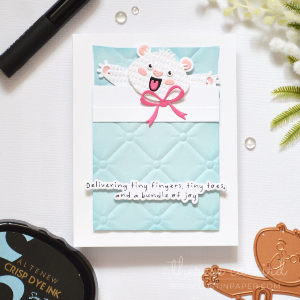 Cozy critter card with textured bear and quilted bedding using embossing folders by Therese Calvird