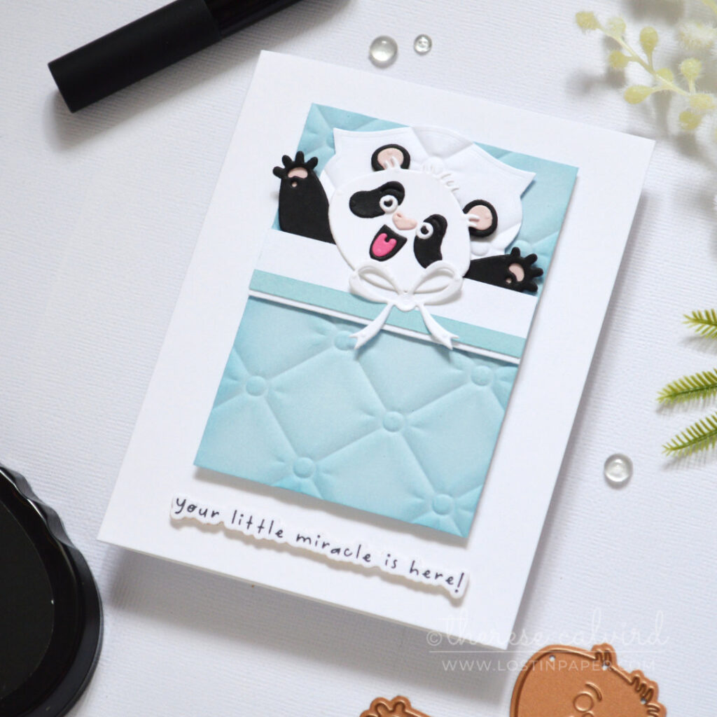 Cozy critter card with textured bear and quilted bedding using embossing folders by Therese Calvird