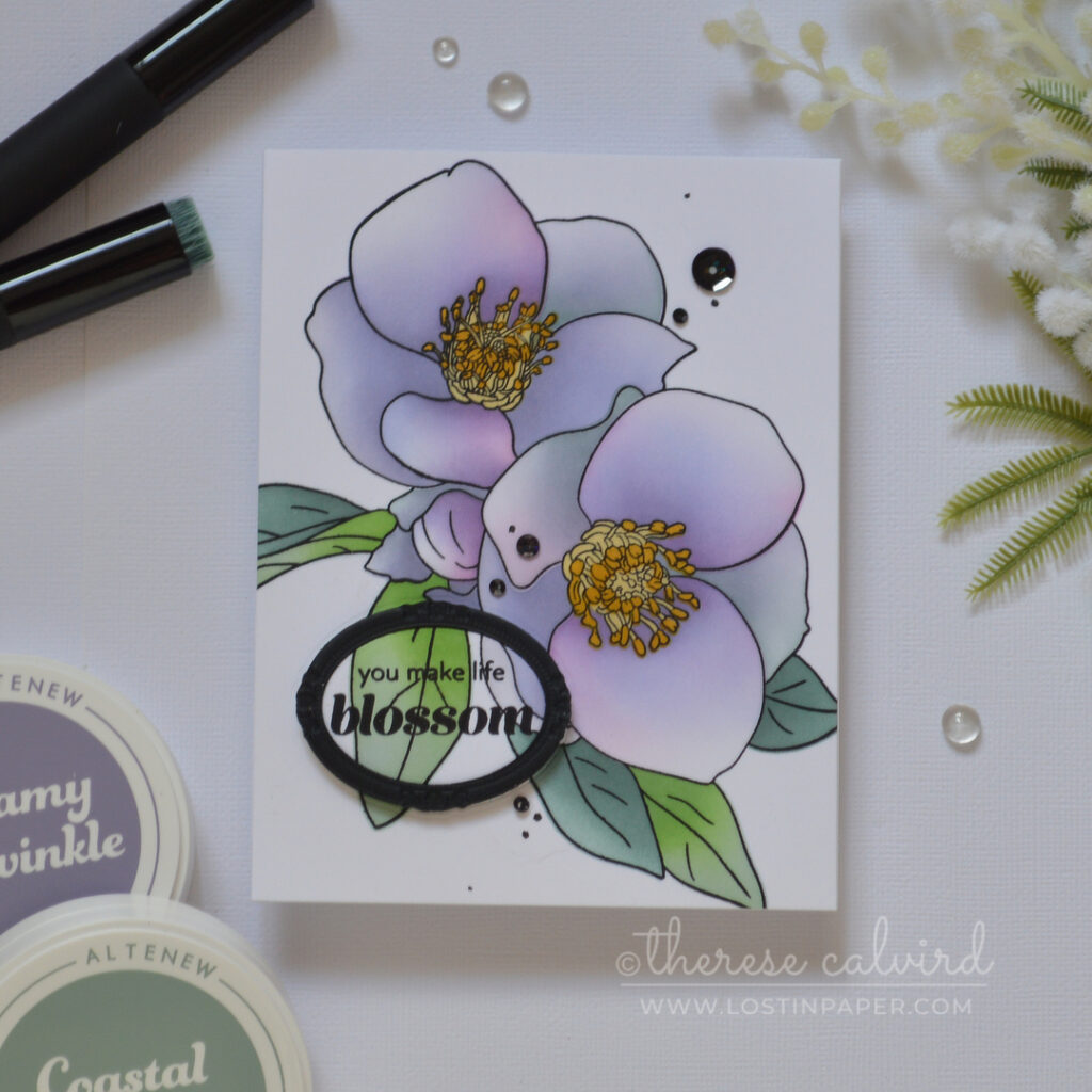 Ink blended floral bouquet card with a picture frame used to highlight a stamped sentiment using an eclipse style technique by Therese Calvird