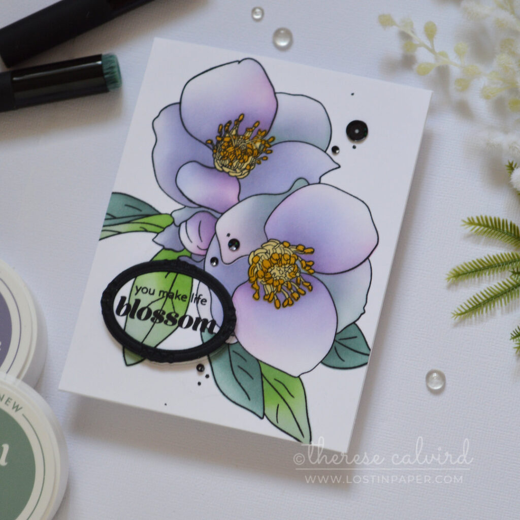 Ink blended floral bouquet card with a picture frame used to highlight a stamped sentiment using an eclipse style technique by Therese Calvird