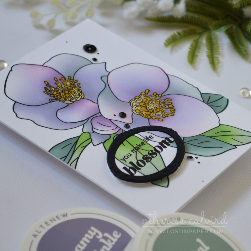 Ink blended floral bouquet card with a picture frame used to highlight a stamped sentiment using an eclipse style technique by Therese Calvird