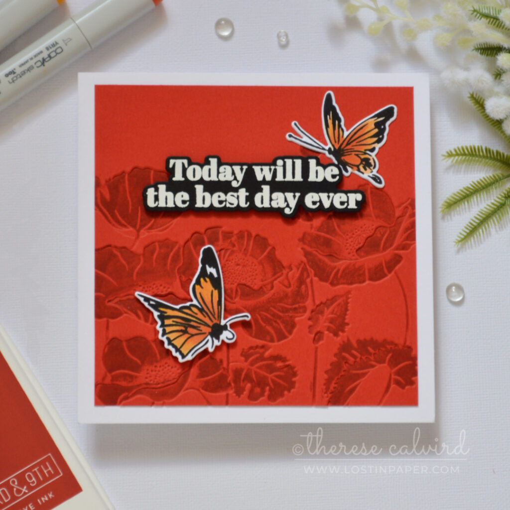 Debossed poppy flowers created by inking an embossing folder, with rich red floral details on bright red cardstock for a bold tone-on-tone look.