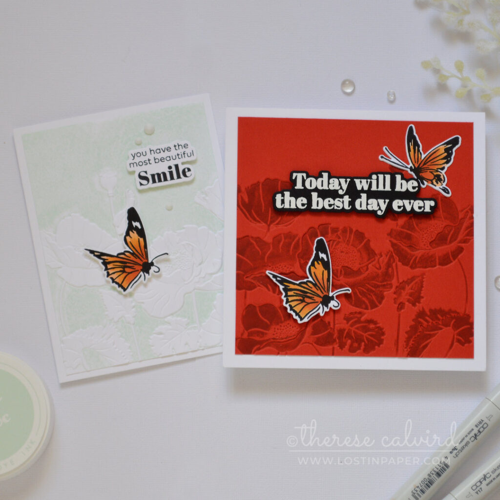 Side-by-side comparison of embossed and debossed poppy flower cards made using an inked embossing folder, showing two different textured effects.