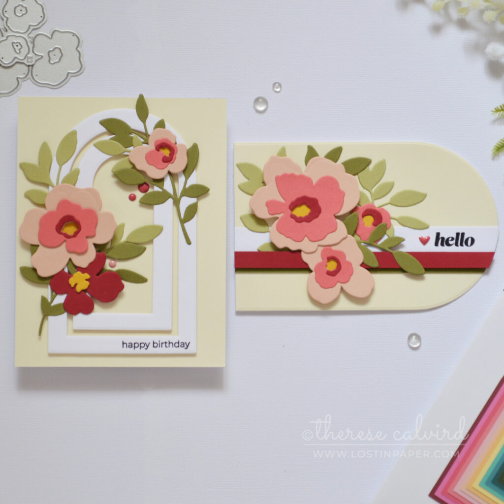 Two handmade cards using nesting arches with layered frames and a shaped card design by Therese Calvird
