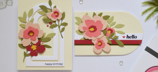 Two handmade cards using nesting arches with layered frames and a shaped card design by Therese Calvird