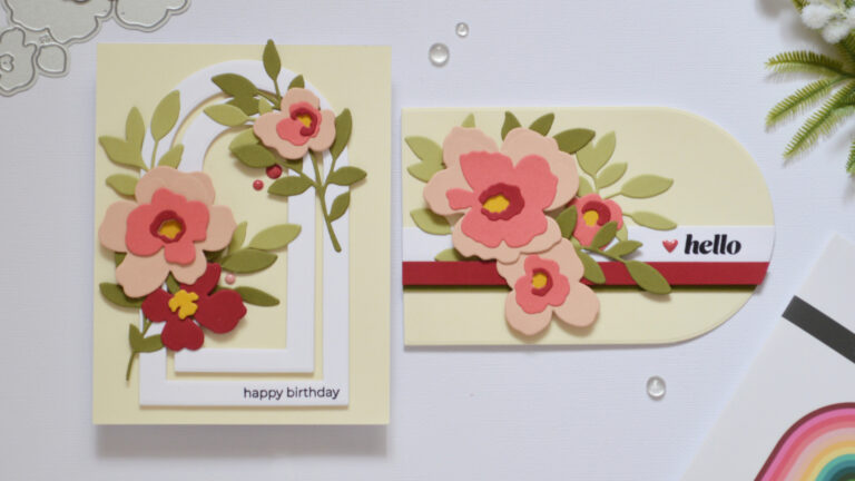 Two handmade cards using nesting arches with layered frames and a shaped card design by Therese Calvird