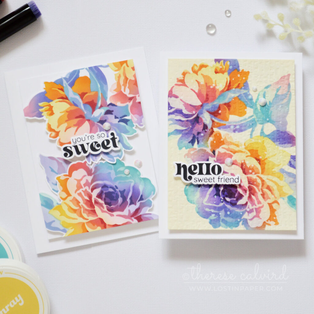 Two rainbow floral card designs created with layered stencil blooms and simple sentiments by Therese Calvird