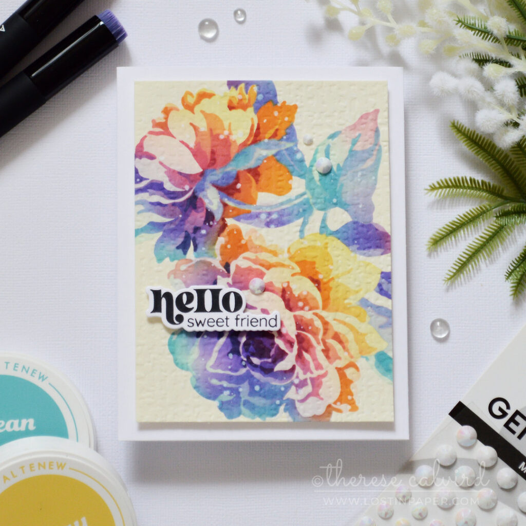 Rainbow floral card with layered stencil blooms on colored cardstock and a softly embossed background by Therese Calvird