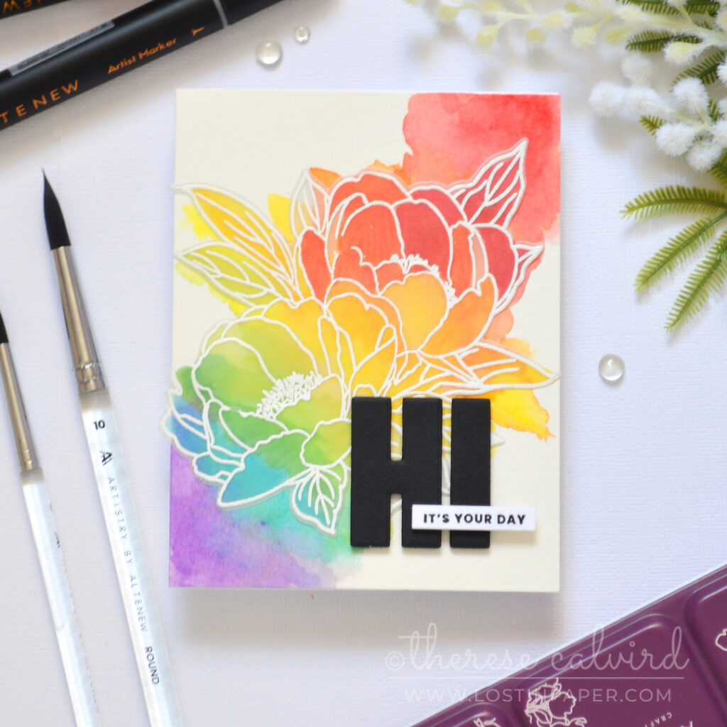 Watercolor rainbow floral card with an embossed vellum bouquet and rainbow coloring on the back of the vellum by Therese Calvird