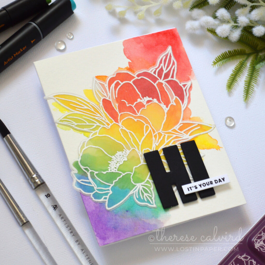 Watercolor rainbow floral card with an embossed vellum bouquet and rainbow coloring on the back of the vellum by Therese Calvird