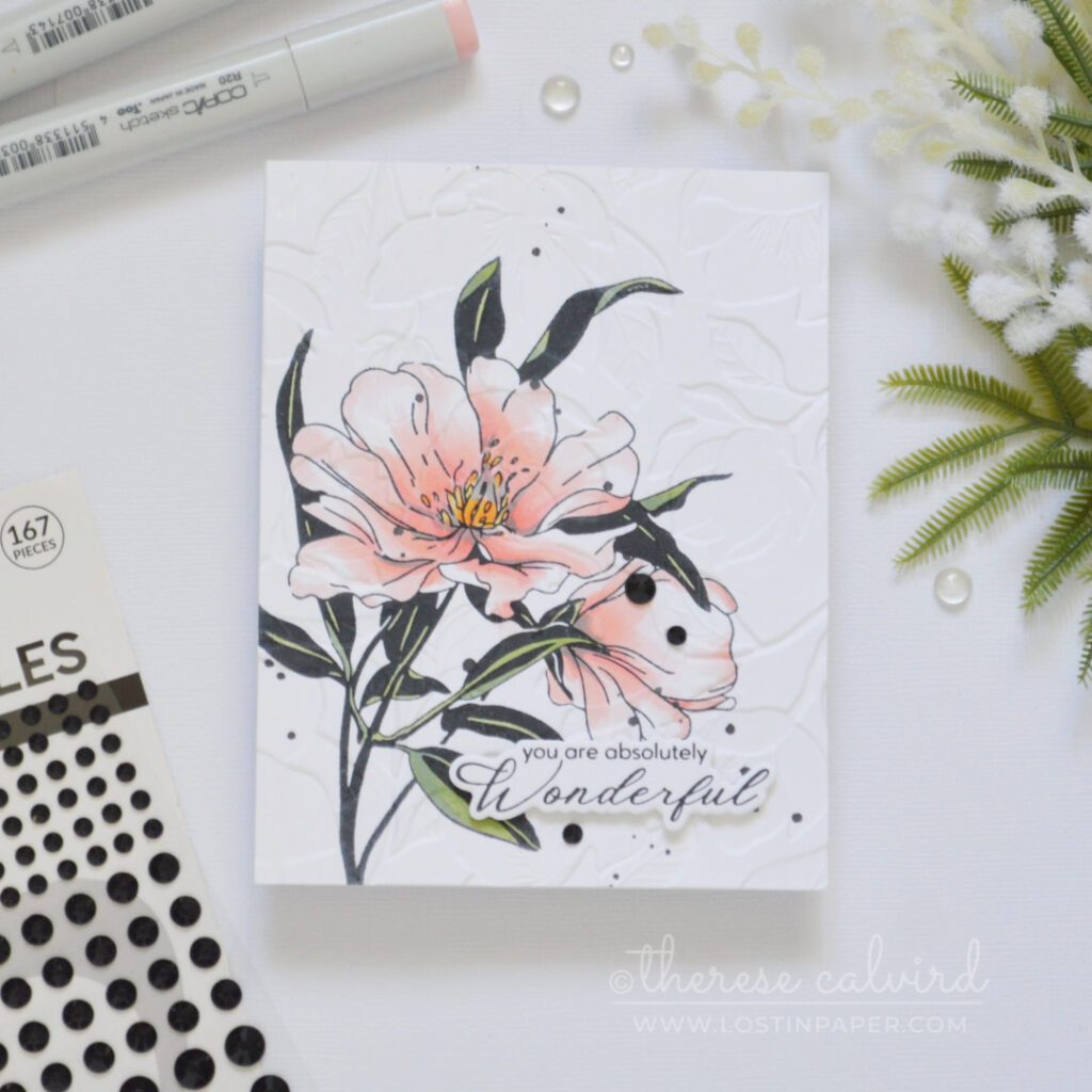 Handmade card featuring a stamped floral image with embossed texture added over the top using an embossing folder by Therese Calvird