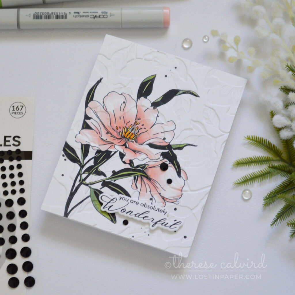 Handmade card featuring a stamped floral image with embossed texture added over the top using an embossing folder by Therese Calvird