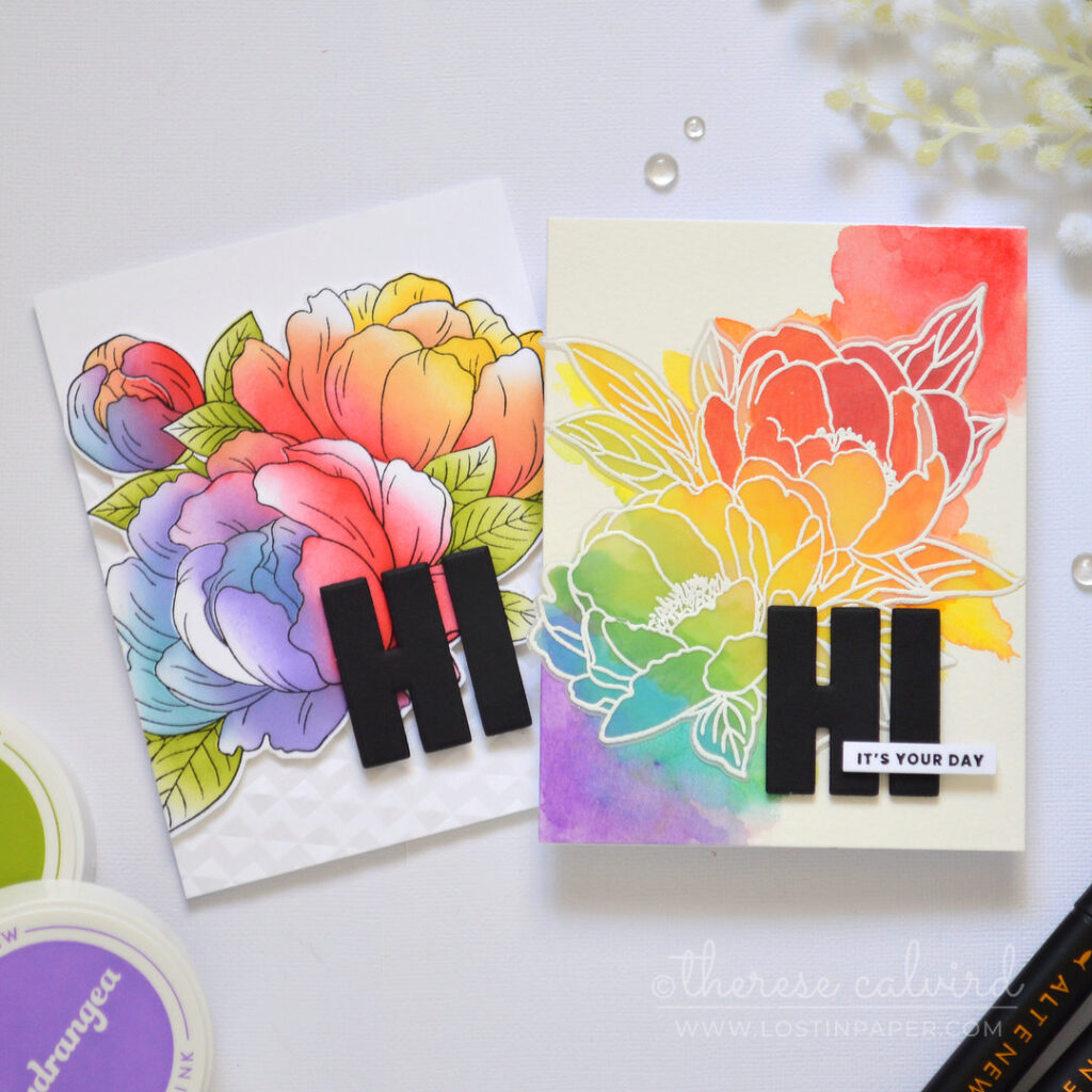 Two rainbow floral cards using watercolor and ink blending techniques side by side by Therese Calvird