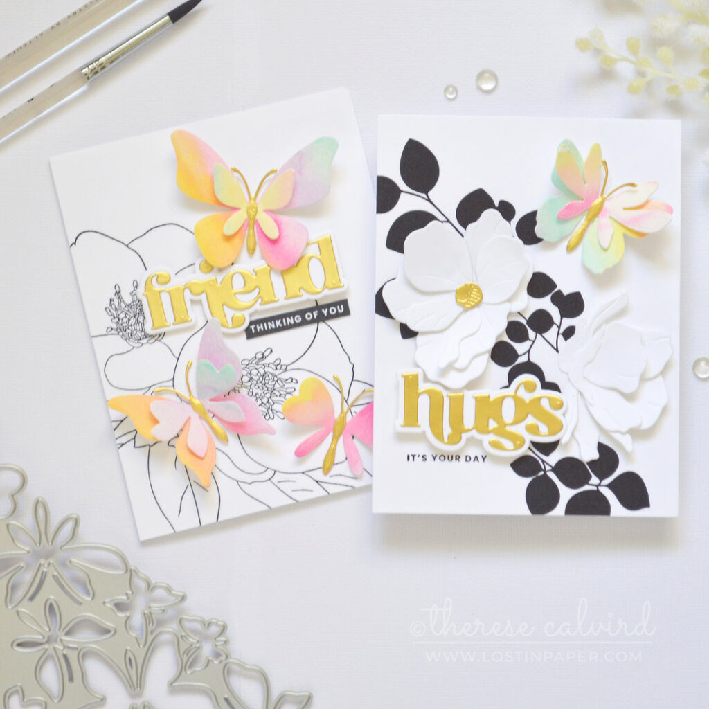 Two modern butterfly cards featuring black and white backgrounds layered rainbow die cut butterflies and gold sentiments Therese Calvird