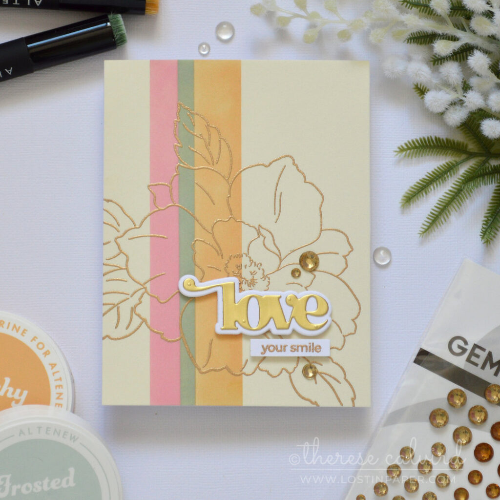 Modern striped floral card with a large outline bloom and gold embossing by Therese Calvird