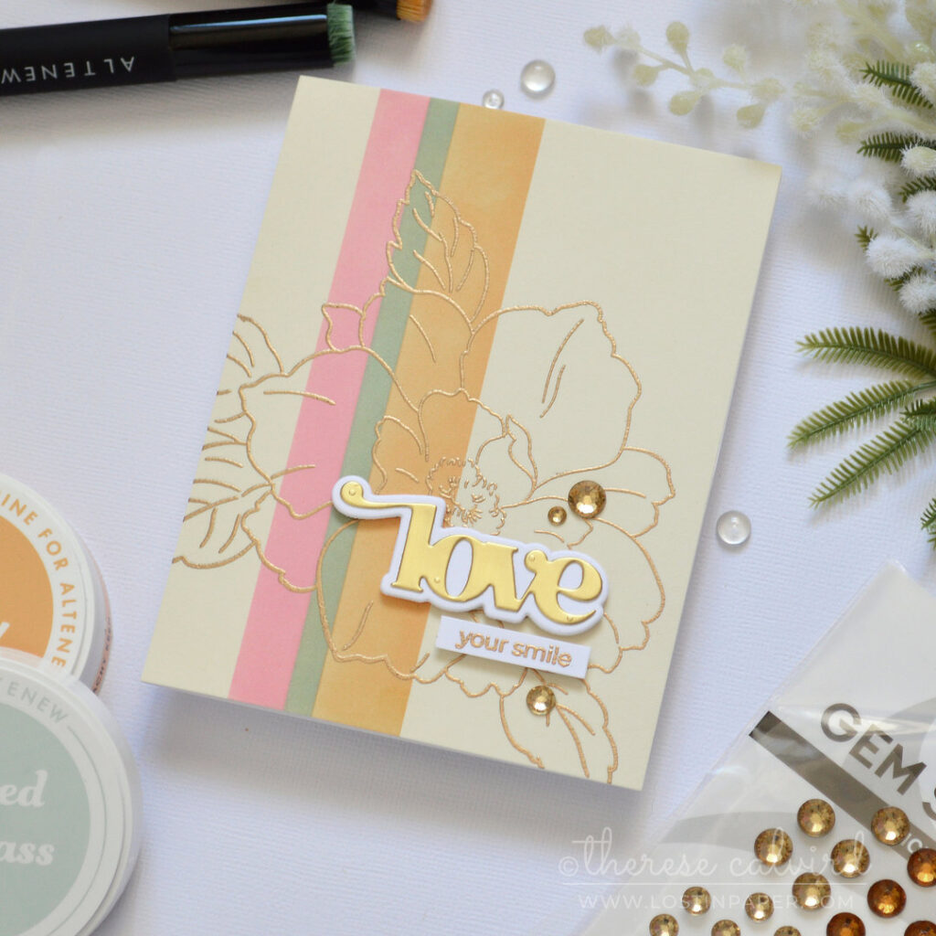 Modern striped floral card with a large outline bloom and gold embossing by Therese Calvird