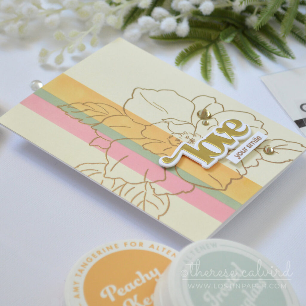 Modern striped floral card with a large outline bloom and gold embossing by Therese Calvird