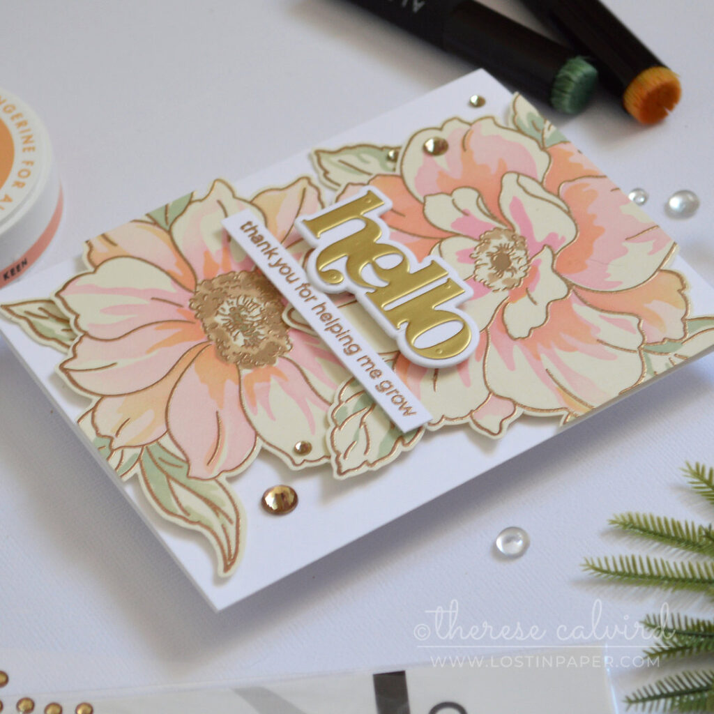 Modern floral card with partial stenciling soft ink blending and gold embossing by Therese Calvird