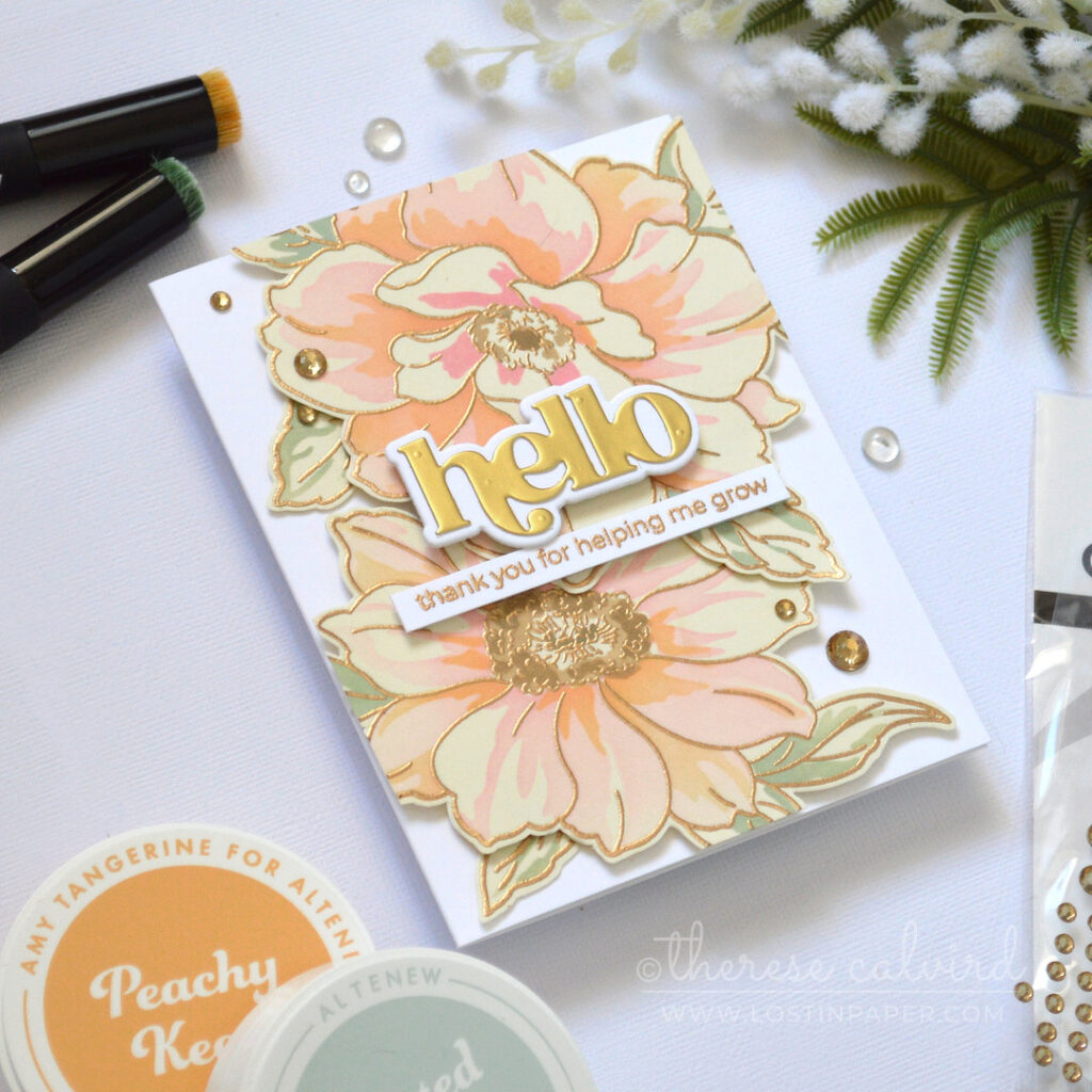 Modern floral card with partial stenciling soft ink blending and gold embossing by Therese Calvird