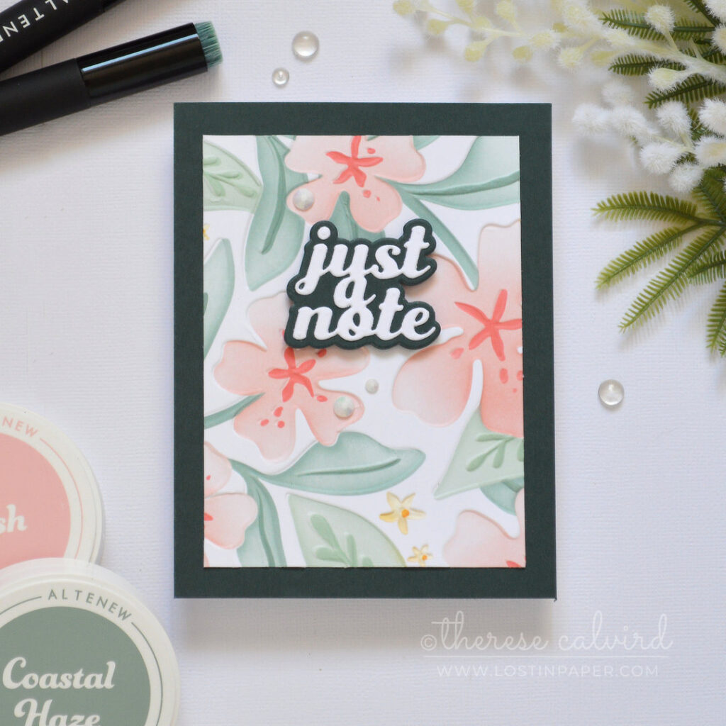 Tropical card featuring a reverse 3D stencil technique and coordinating embossing folder by Therese Calvird