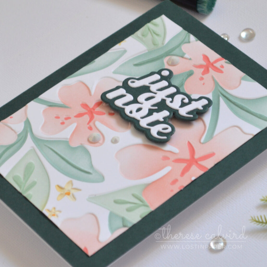 Tropical card featuring a reverse 3D stencil technique and coordinating embossing folder by Therese Calvird