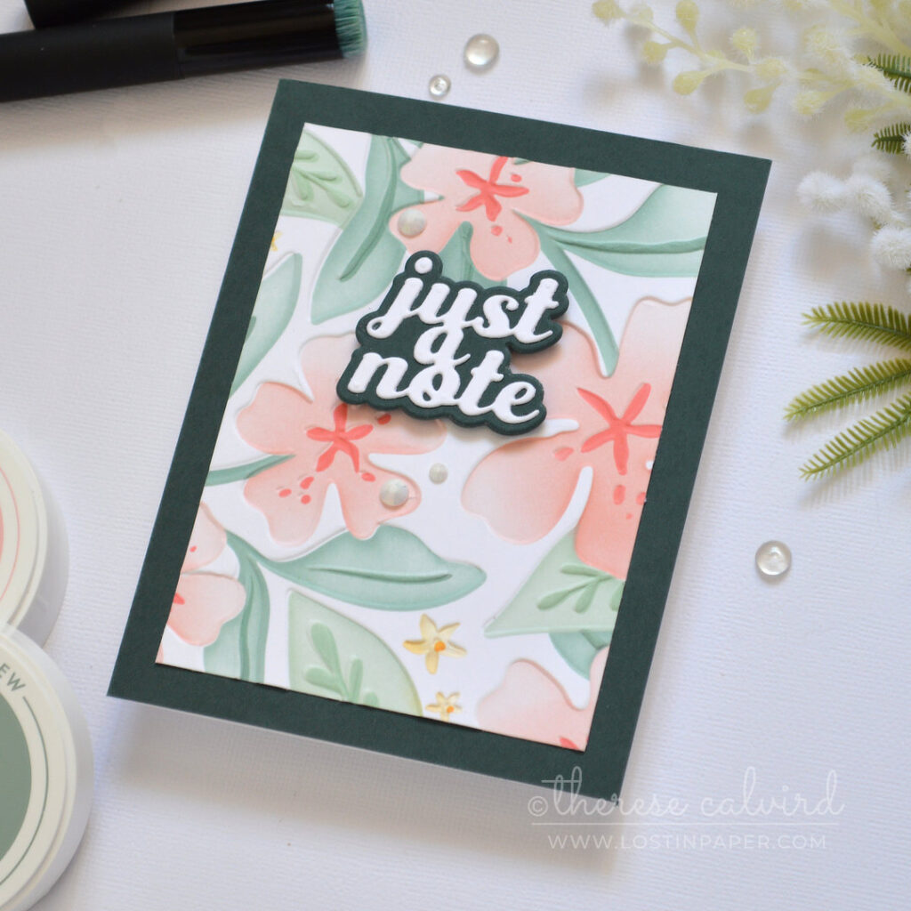 Tropical card featuring a reverse 3D stencil technique and coordinating embossing folder by Therese Calvird