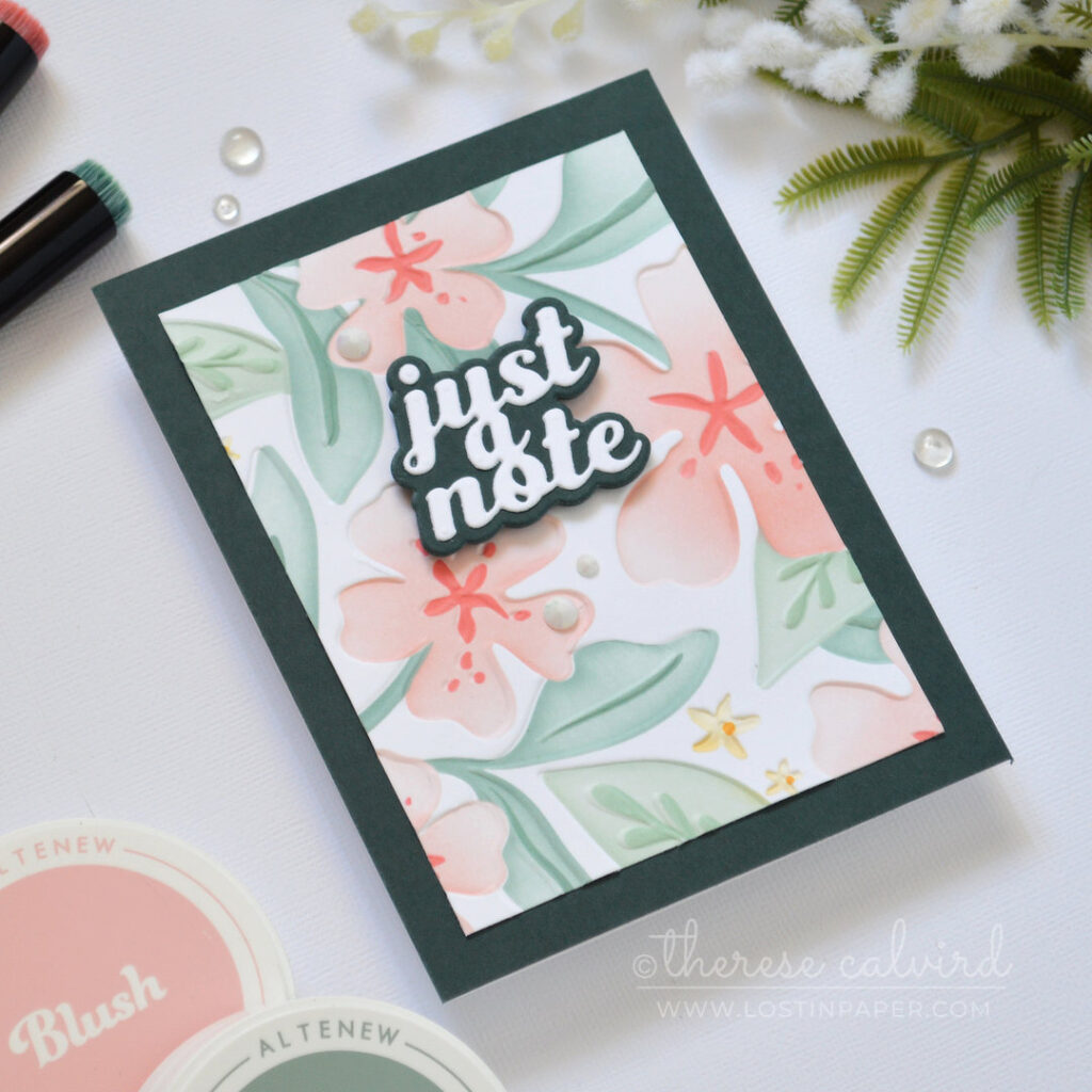 Tropical card featuring a reverse 3D stencil technique and coordinating embossing folder by Therese Calvird