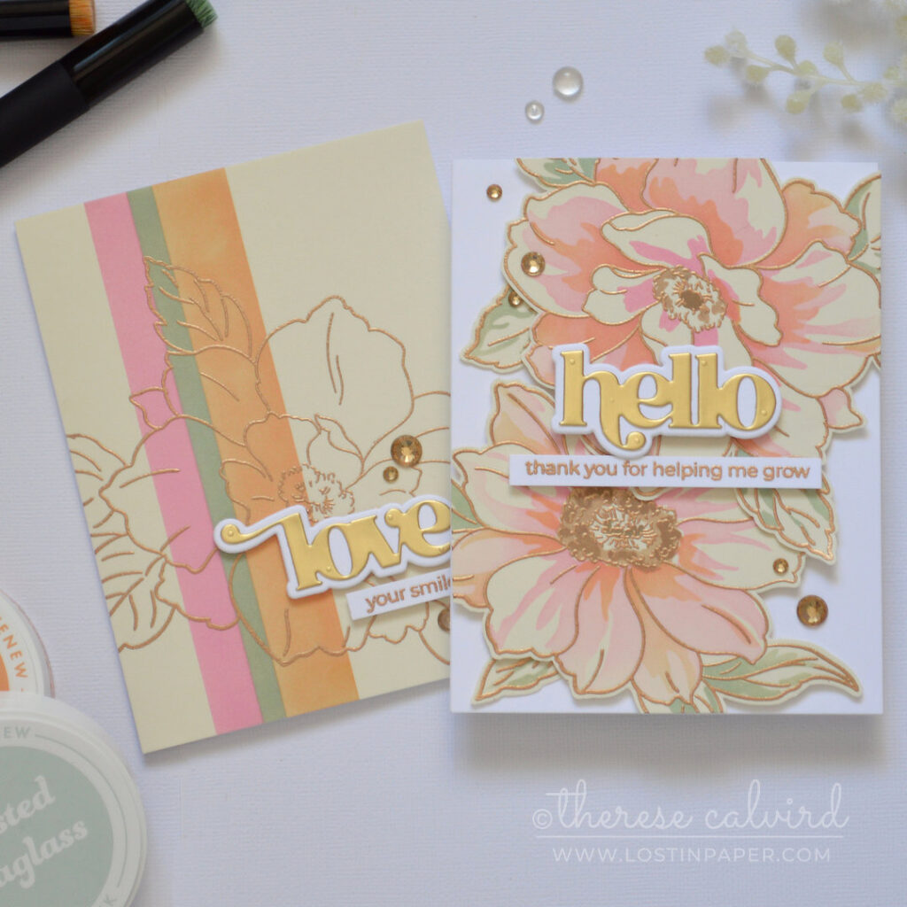 Two modern floral card designs using Altenew Twin Blooms featuring stripes and partial stenciling by Therese Calvird