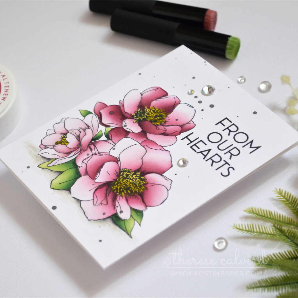 Ink Blended Floral Bouquet Card with deep maroon flowers by Therese Calvird