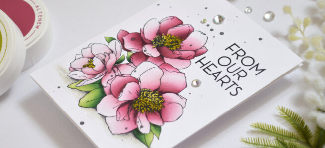 Ink Blended Floral Bouquet Card with deep maroon flowers by Therese Calvird