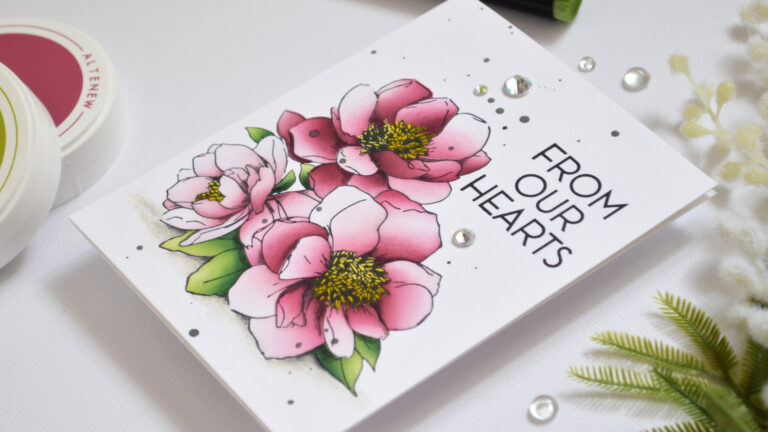 Ink Blended Floral Bouquet Card with deep maroon flowers by Therese Calvird