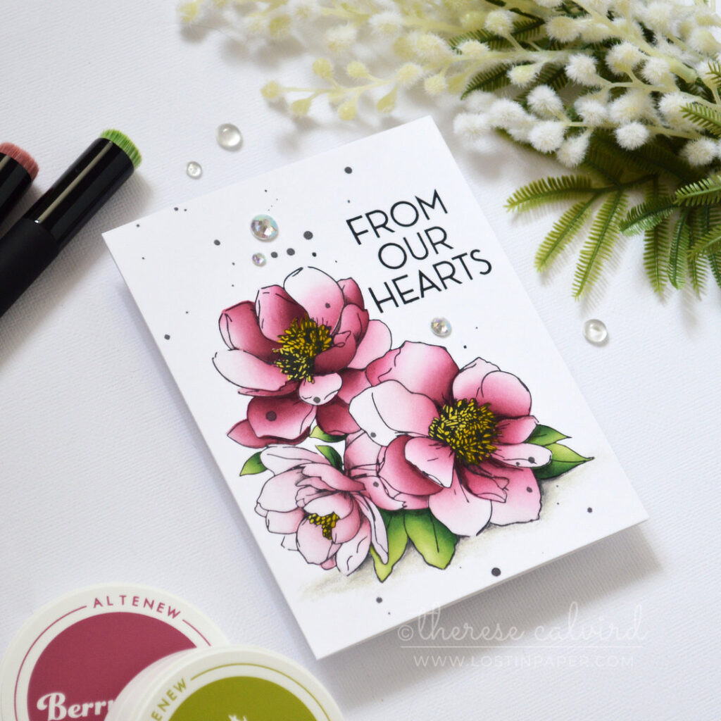 Ink Blended Floral Bouquet Card with deep maroon flowers by Therese Calvird