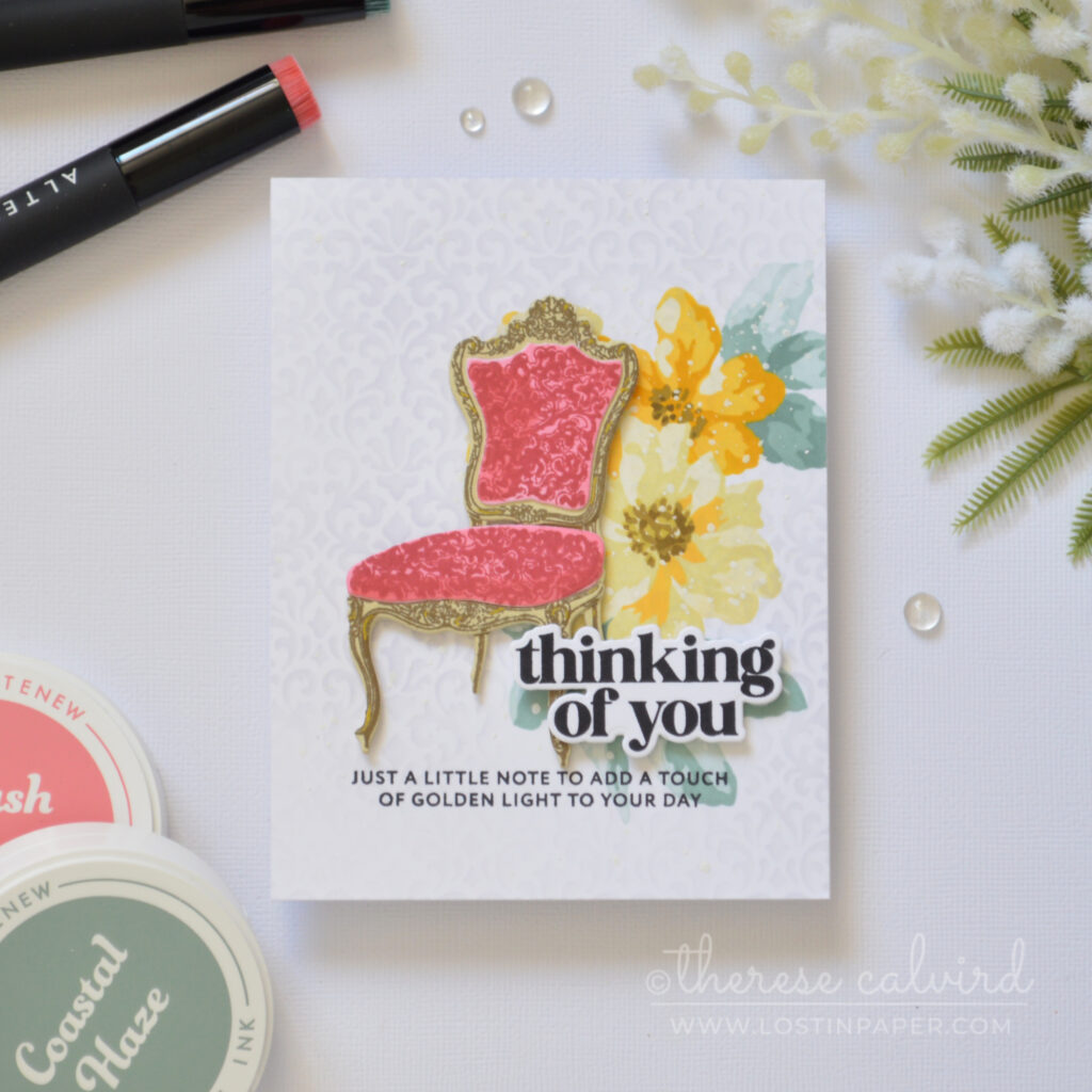 Pink antique chair floral card with stencil background in misty moor soft yellow and purple tones by Therese Calvird