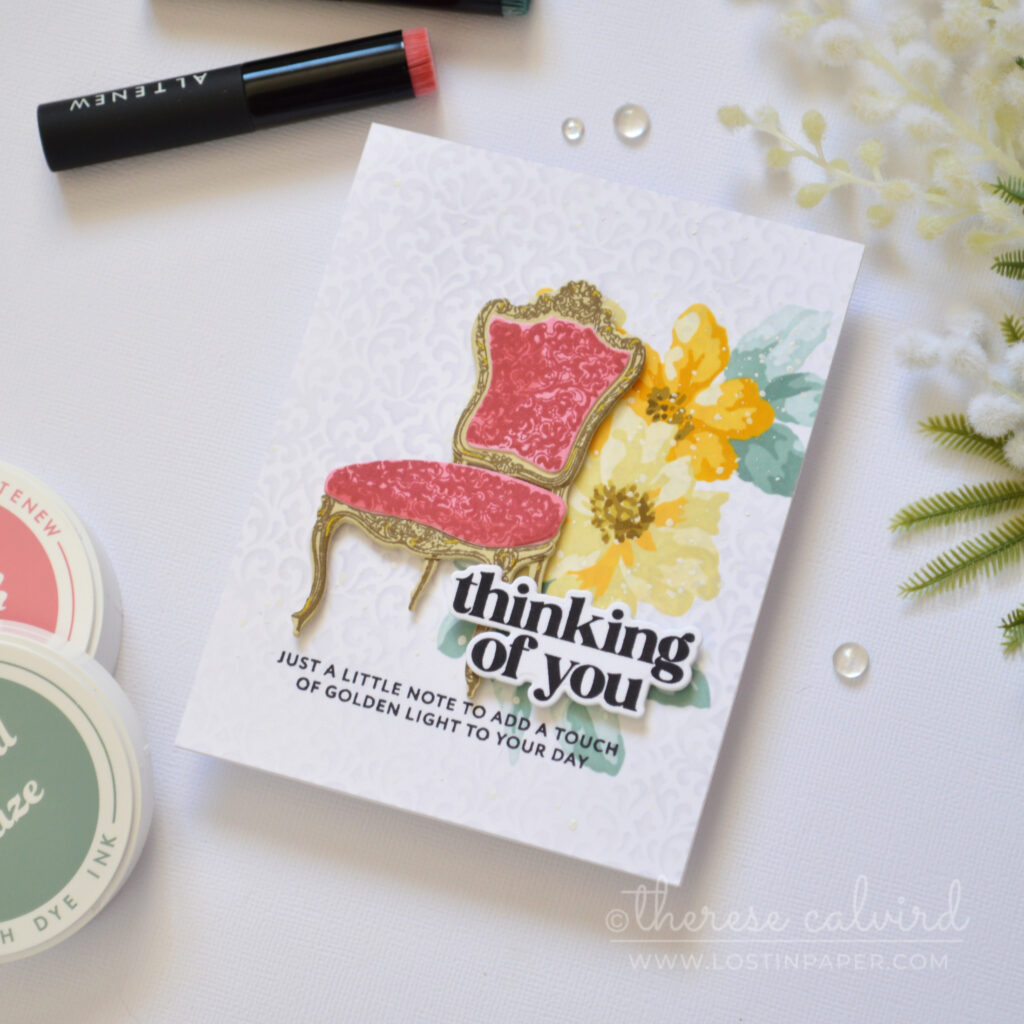 Pink antique chair floral card with stencil background in misty moor soft yellow and purple tones by Therese Calvird