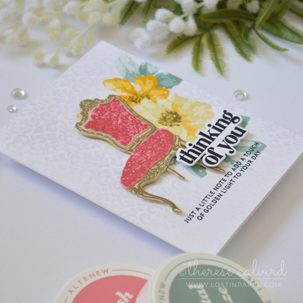 Pink antique chair floral card with stencil background in misty moor soft yellow and purple tones by Therese Calvird
