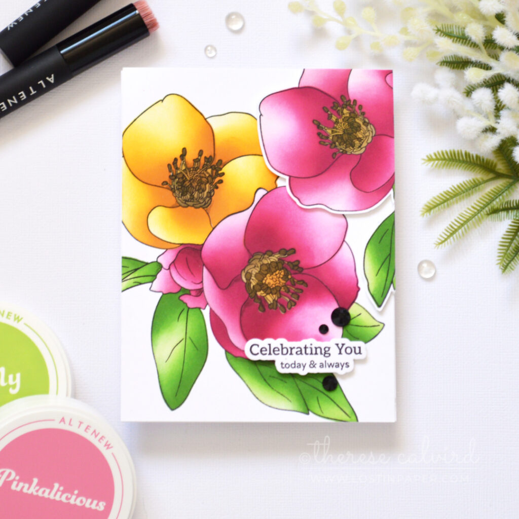 Bright floral card with three large blooms colored using layering stencils by Therese Calvird