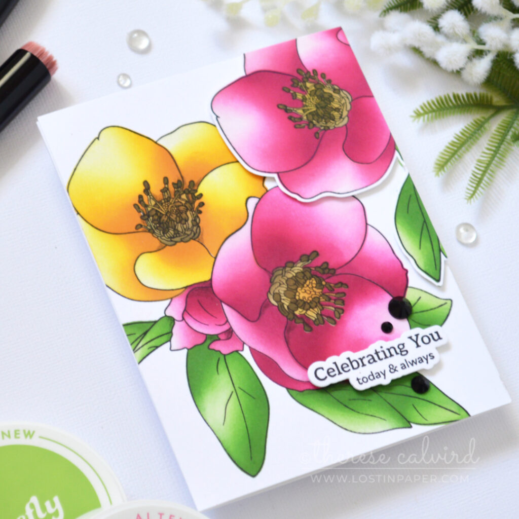 Bright floral card with three large blooms colored using layering stencils by Therese Calvird