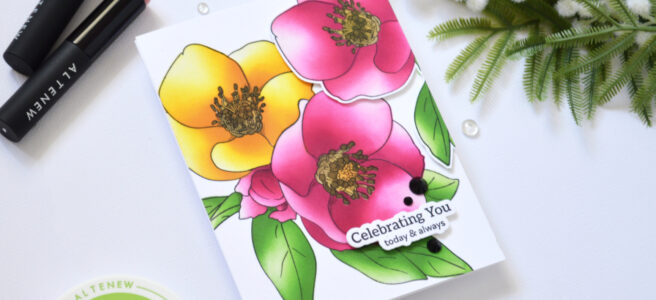 Bright floral card with three large blooms colored using layering stencils by Therese Calvird