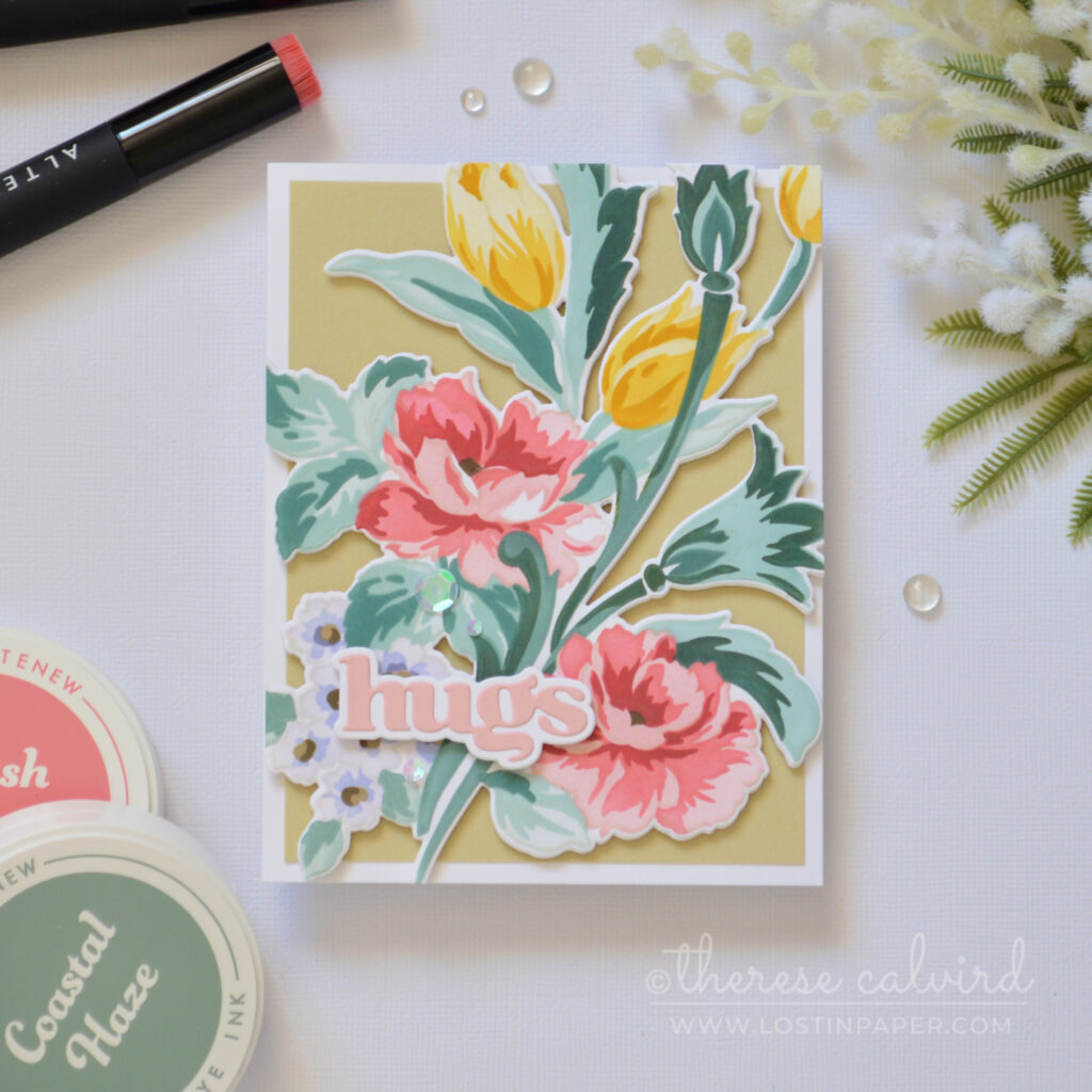 Flourished Flora no line stencil die cut floral card with misty moor background and pink hugs sentiment by Therese Calvird