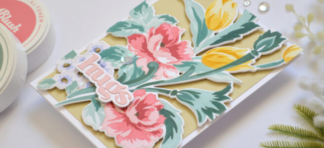 Flourished Flora no line stencil die cut floral card with misty moor background and pink hugs sentiment by Therese Calvird