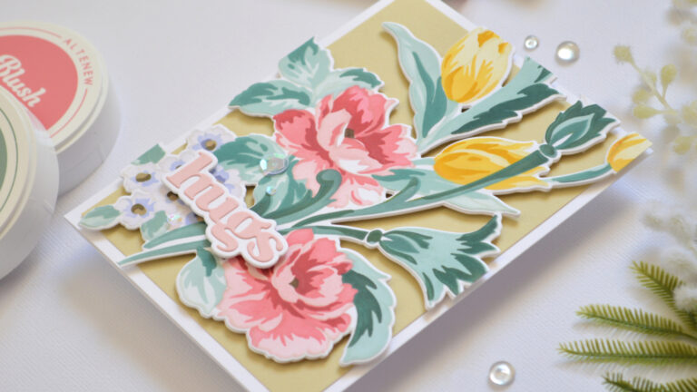 Flourished Flora no line stencil die cut floral card with misty moor background and pink hugs sentiment by Therese Calvird