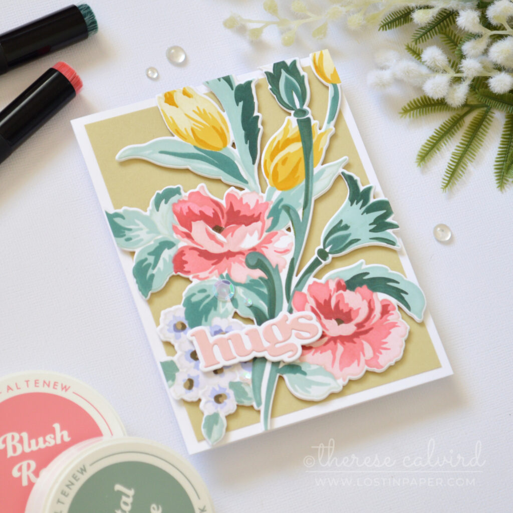 Flourished Flora no line stencil die cut floral card with misty moor background and pink hugs sentiment by Therese Calvird