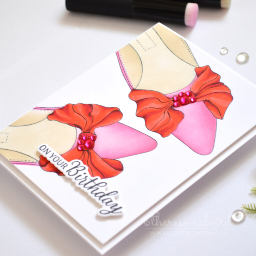 Ink Blended Shoe Card with pink shoes and red bow colored with markers by Therese Calvird