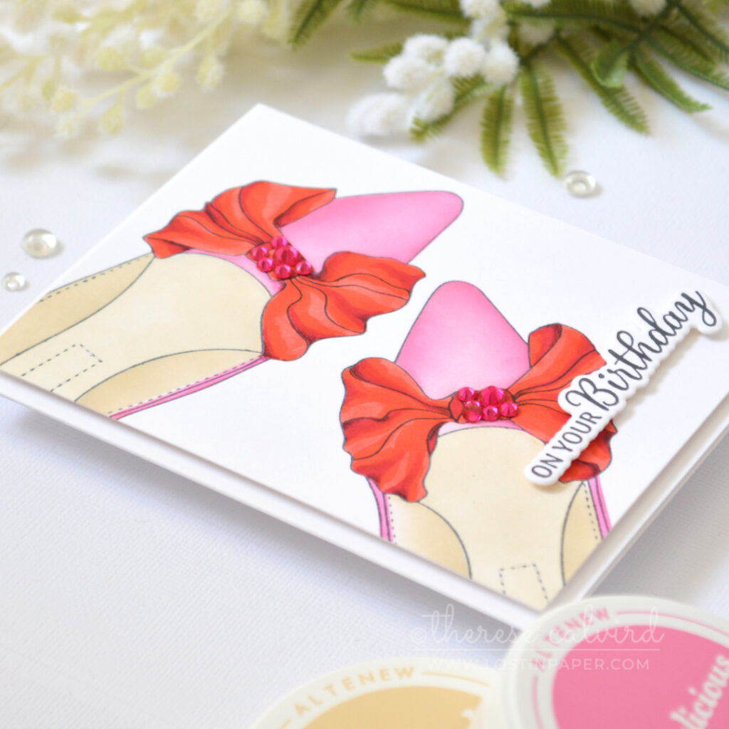 Ink Blended Shoe Card with pink shoes and red bow colored with markers by Therese Calvird