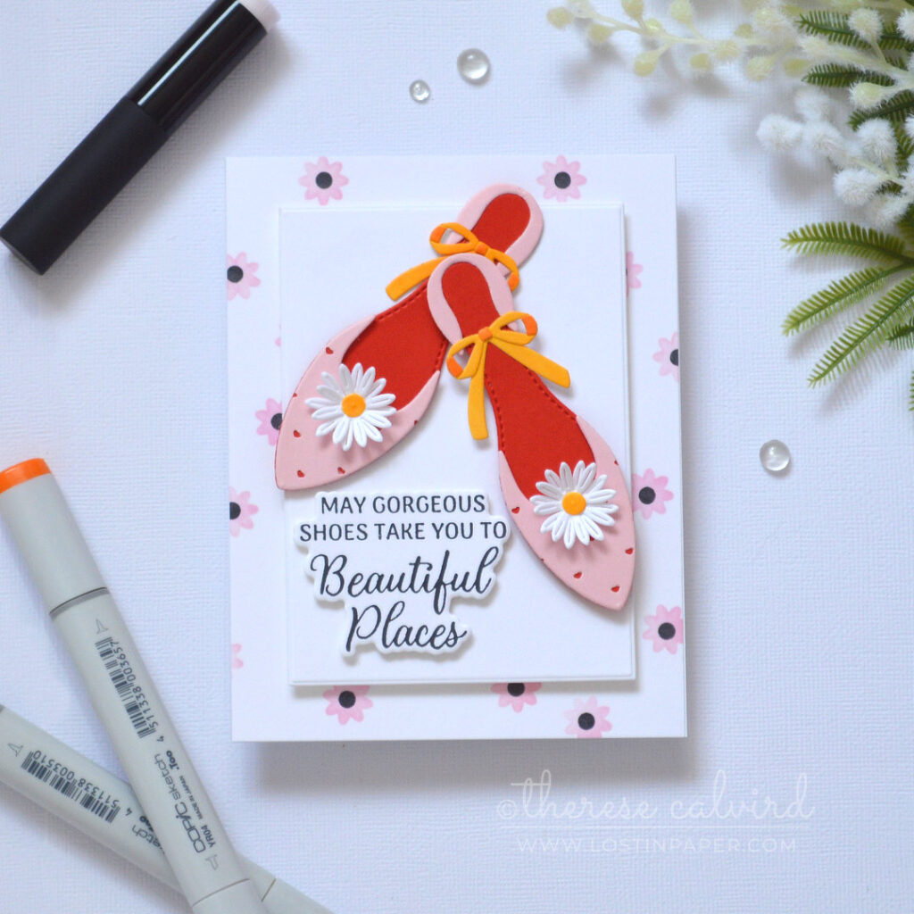 Layered die cut shoes from colored cardstock with heart detail and red inner sole by Therese Calvird.