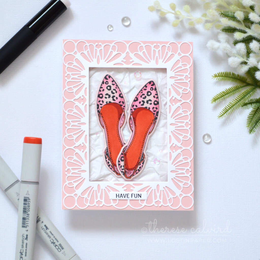 Leopard print shoes in a decorative shoe box card with red inner soles by Therese Calvird.