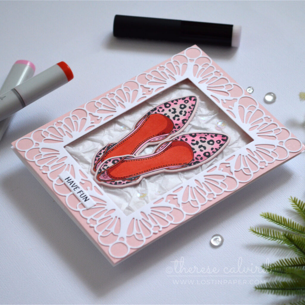 Leopard print shoes in a decorative shoe box card with red inner soles by Therese Calvird.