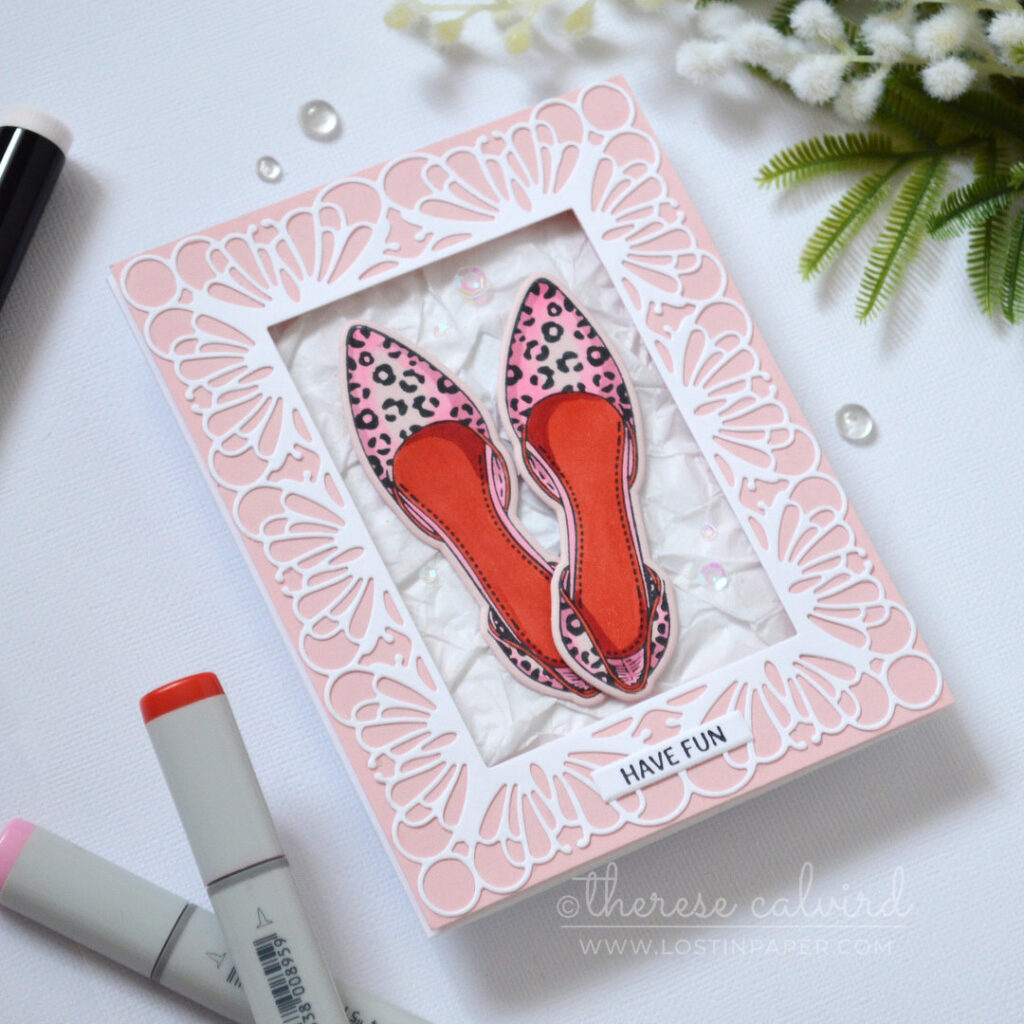 Leopard print shoes in a decorative shoe box card with red inner soles by Therese Calvird.